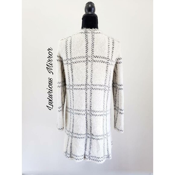 August Silk Windowpane Jacket Coat Ivory Black Hook And Eye Pockets Womens M New - Picture 2 of 9